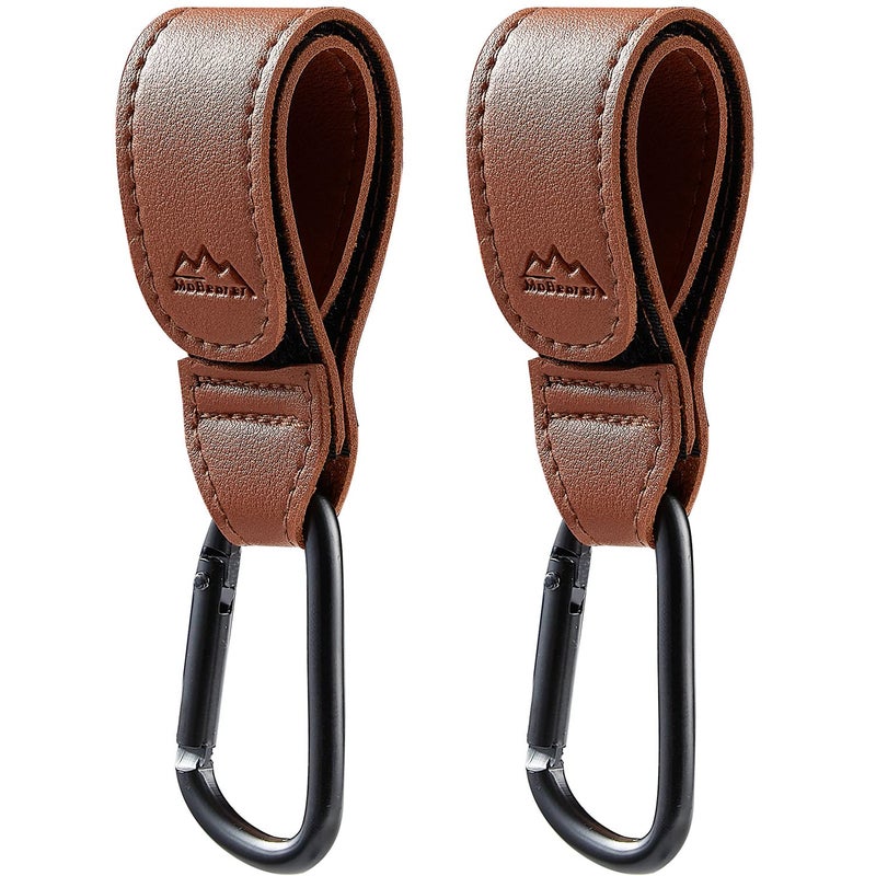 MoBearer Baby Stroller Hooks Bag Hooks for Hanging Diaper Bags Multipurpose Hooks for Grocery Shopping Bags Premium Vegan Leather Pram Straps 2 Pcs (Brown) - Image 1